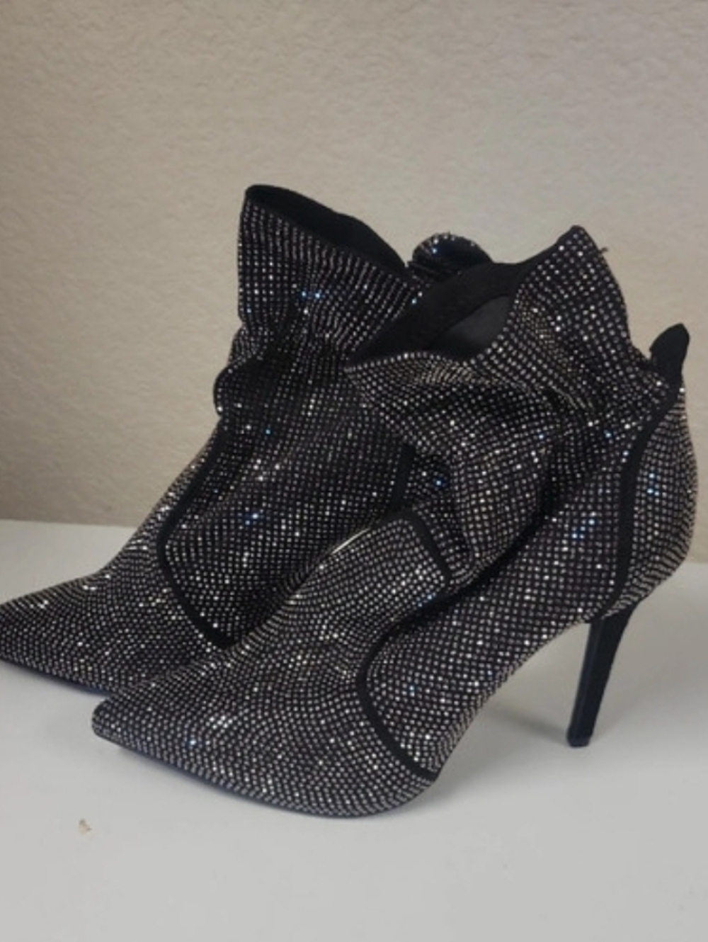 Rhinestone Embellished Black Ankle Booties - Women's Heeled Fashion Boots